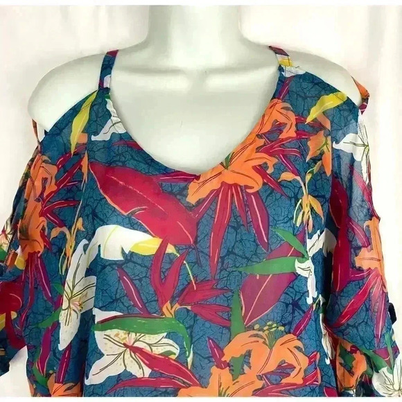 EUC Sheer Floral Top, Cutout Sleeves, Size Large #105 - Picture 8 of 15